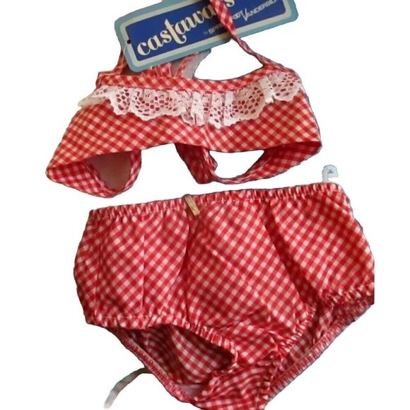 Vintage 1980's GIRLS 3 Bikini 2-Piece swim suit RED CHECKER CASTAWAYS NOS - Picture 1 of 4
